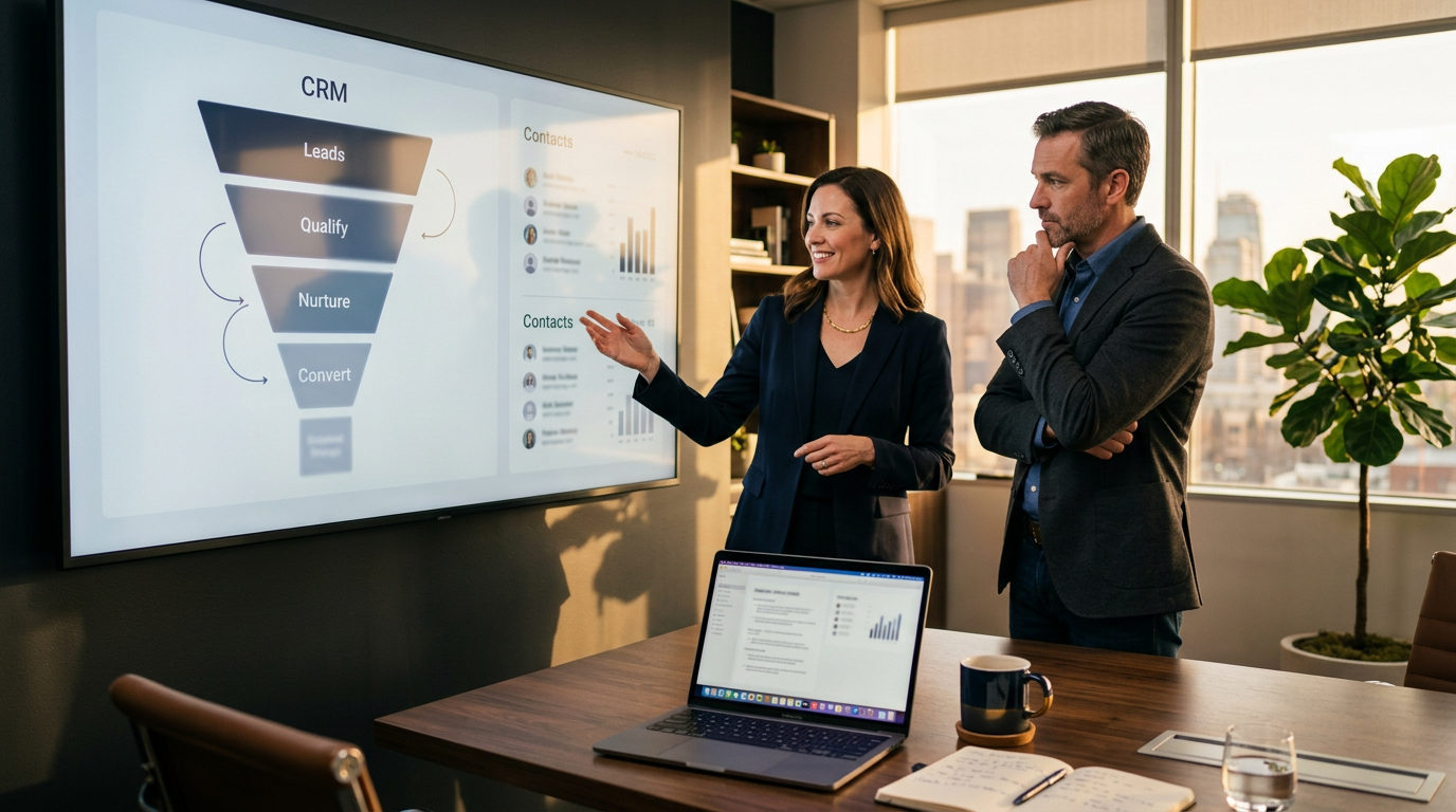 Revenue operations team in a modern war room reviewing CRM reactivation and lead segmentation on a large wall display, 16:9 editorial hero